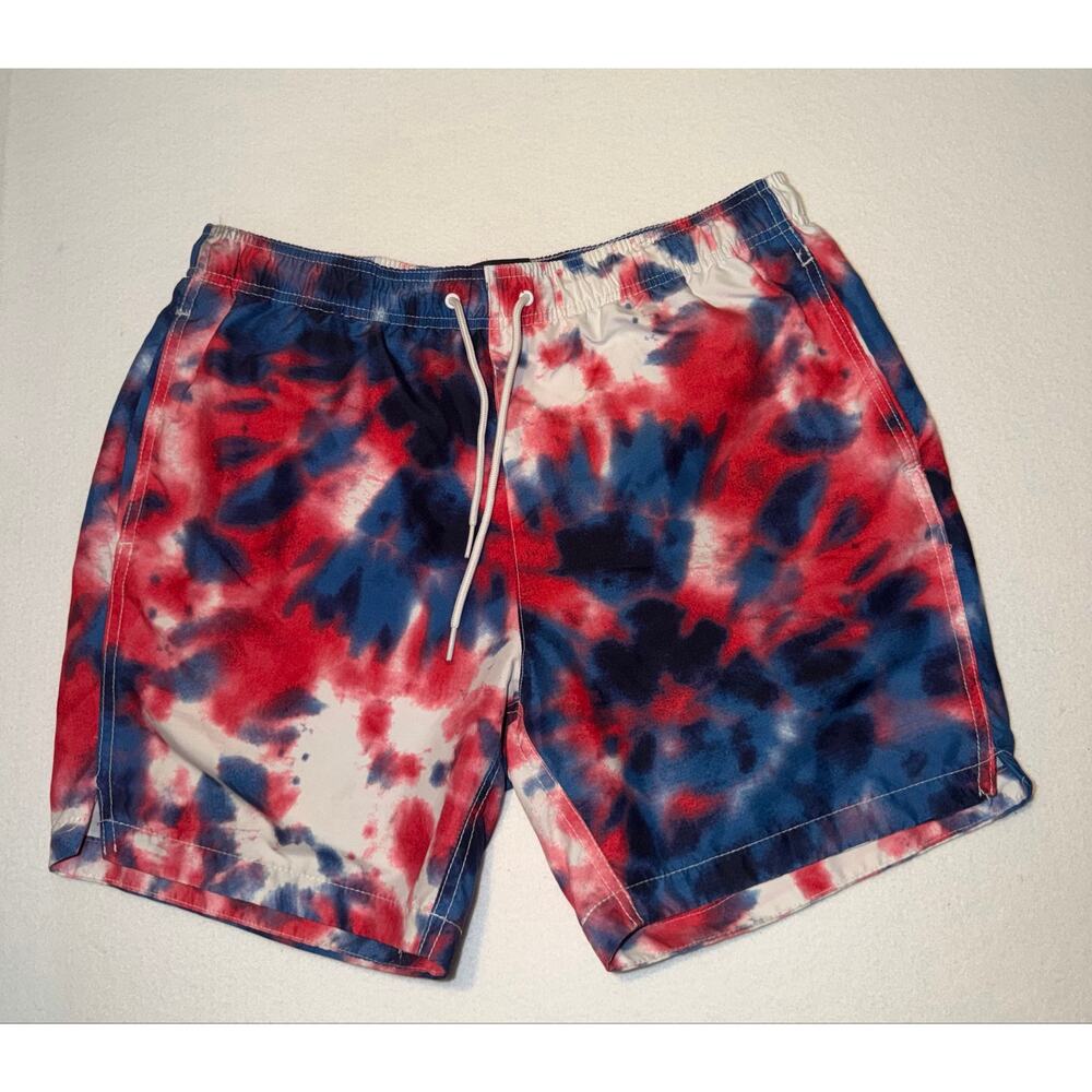 Walnut & 39th men’s tie dye red, white and blue patriotic swim trunks